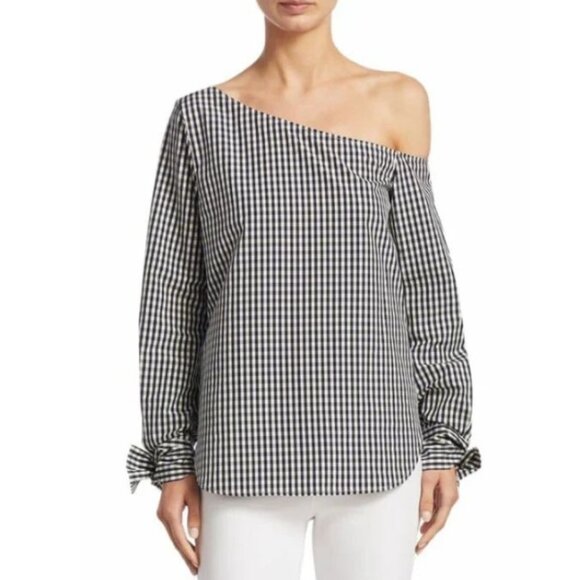Theory Cotton-Silk Gingham Off-the-Shoulder Blouse Women's Size Medium Navy NWT! - Picture 1 of 7